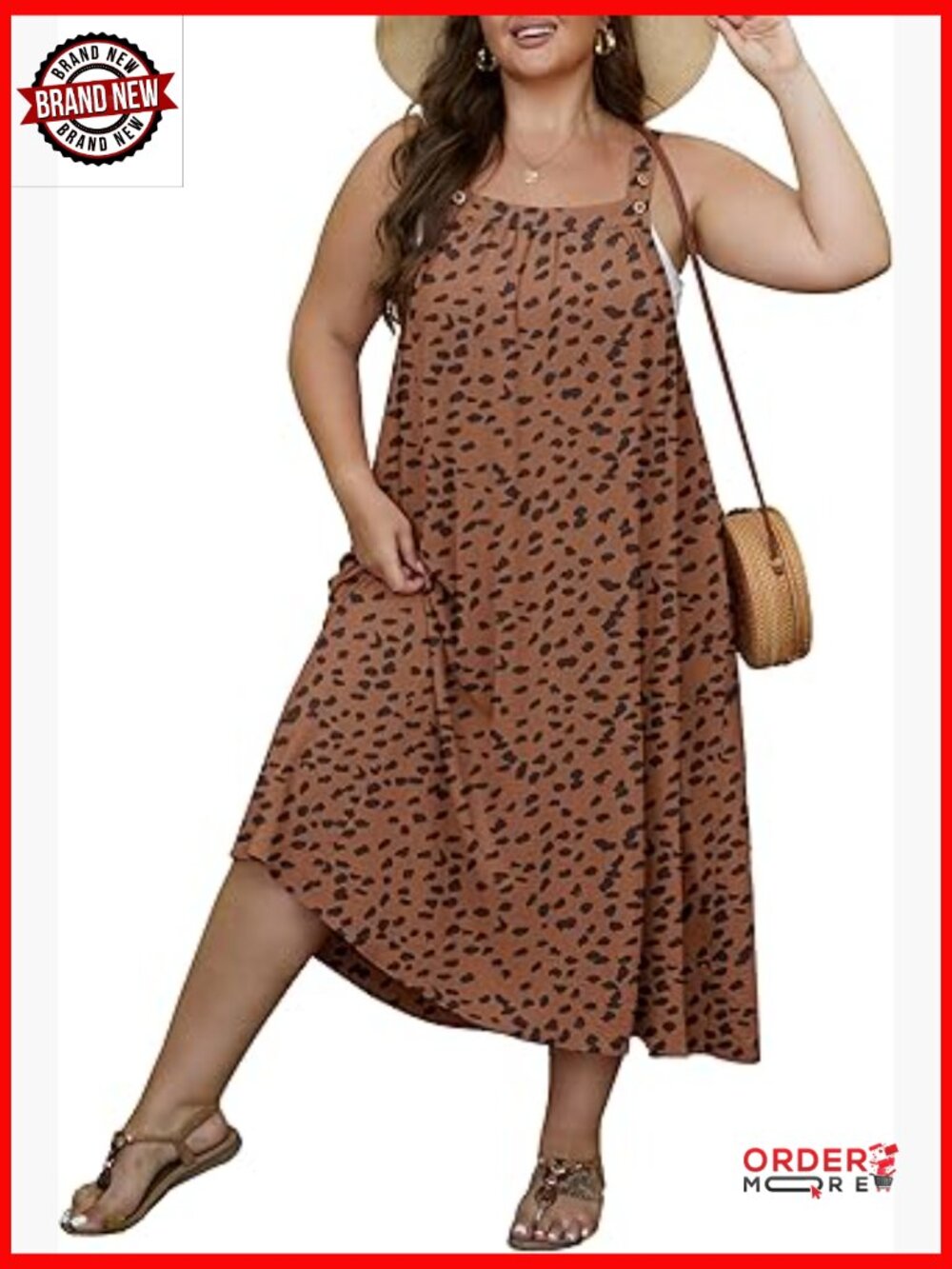 Plus Size A-Line Midi Sundress with Pockets Adjustable Straps Summer Beach